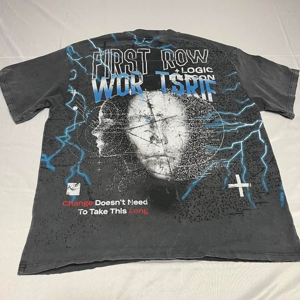 Grey and black First Row Logic W0RLD IS SHITF T-shirt - Picture 2 of 5